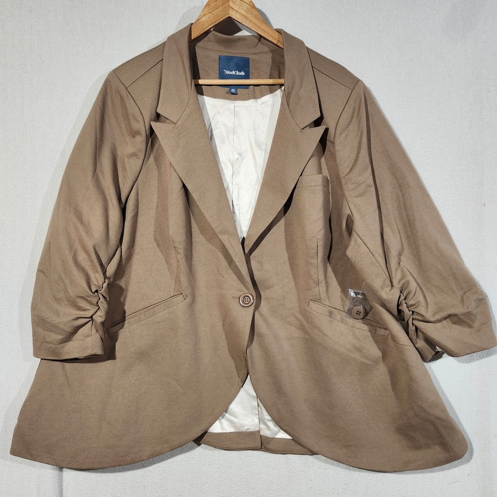 ModCloth Womens Plus Size 4X Tan Ruched 3/4 Sleeve Single Button Blazer Jacket